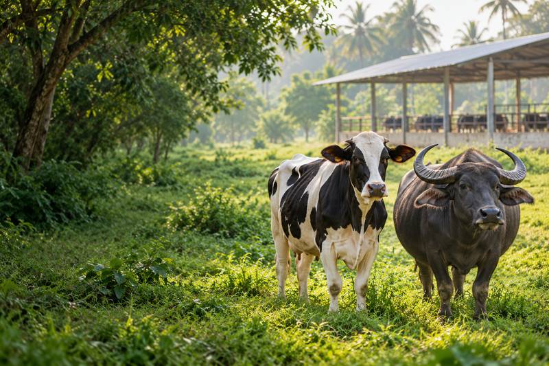 A black-and-white dairy cow and a water buffalo grazing in front of an open dairy shed